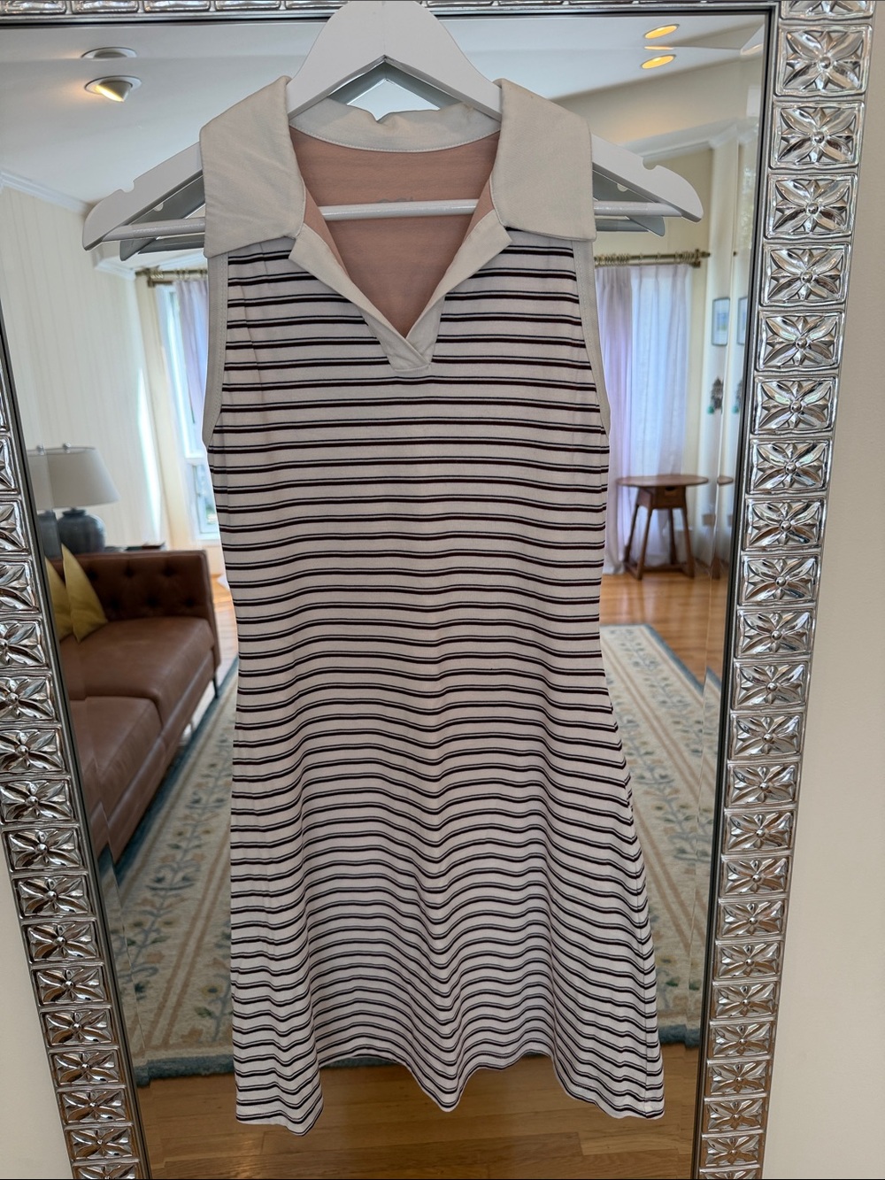 OGL White Sleeveless Polo Dress with Maroon Stripes
